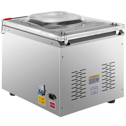 Stainless steel vacuum packaging machine on a white background