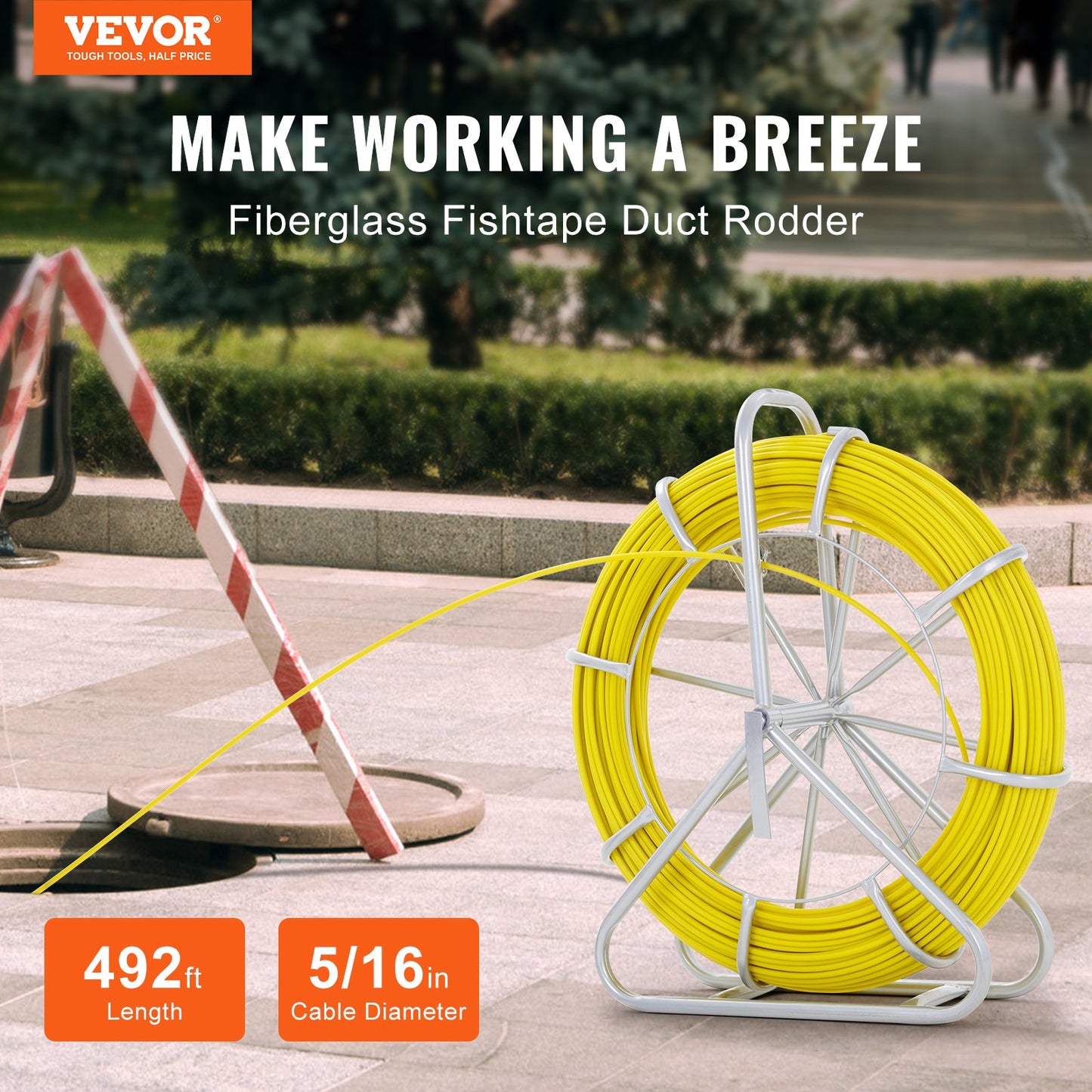 VEVOR Fish Tape Fiberglass, 150 m, 7.9 mm, Duct Rodder Fishtape Wire Puller, Cable Running Rod with Steel Reel Stand, 3 Pulling Heads, Fishing Tools for Walls and Electrical Conduit, Non-Conductive