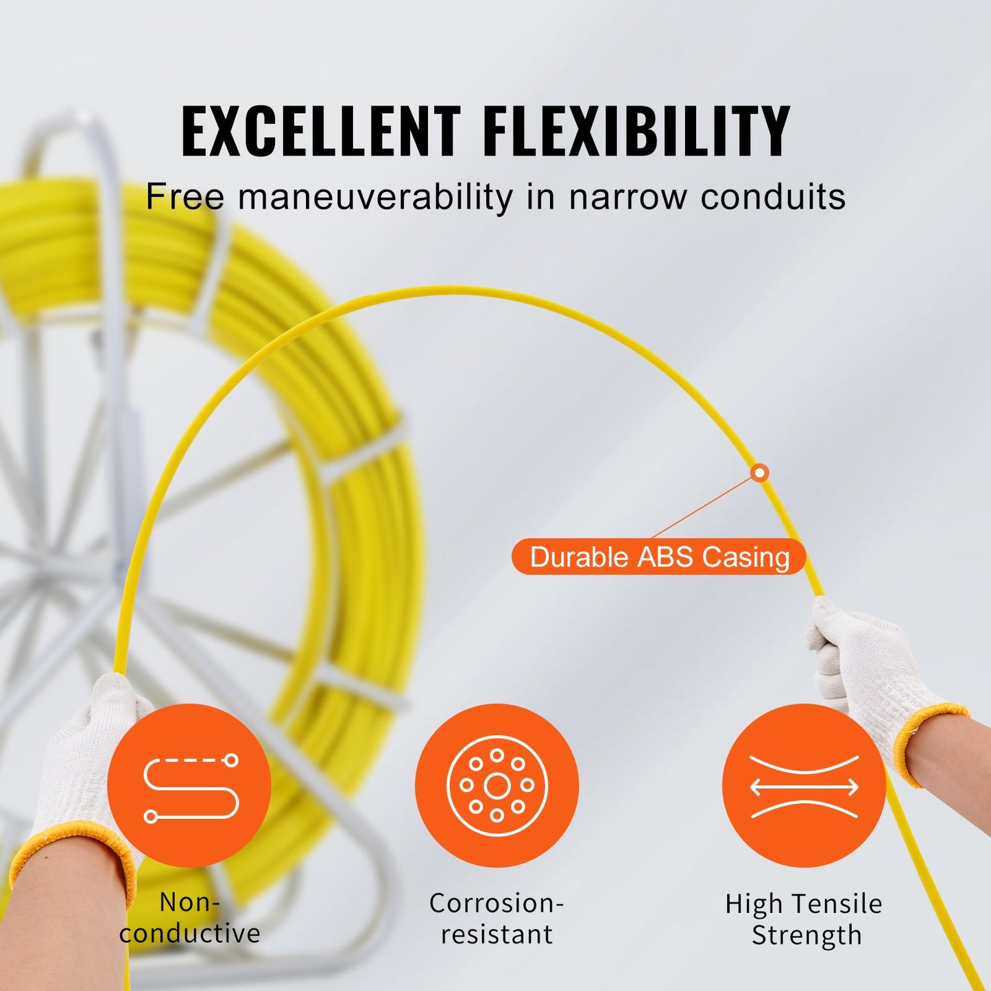 VEVOR Fish Tape Fiberglass, 150 m, 7.9 mm, Duct Rodder Fishtape Wire Puller, Cable Running Rod with Steel Reel Stand, 3 Pulling Heads, Fishing Tools for Walls and Electrical Conduit, Non-Conductive