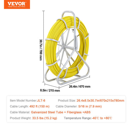 VEVOR Fish Tape Fiberglass, 150 m, 7.9 mm, Duct Rodder Fishtape Wire Puller, Cable Running Rod with Steel Reel Stand, 3 Pulling Heads, Fishing Tools for Walls and Electrical Conduit, Non-Conductive