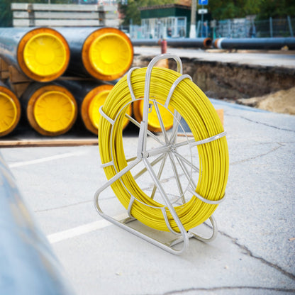 VEVOR Fish Tape Fiberglass, 182.88 m, 7.9 mm, Duct Rodder Fishtape Wire Puller, Cable Running Rod with Steel Reel Stand, 3 Pulling Heads, Fishing Tools for Walls and Electrical Conduit, Non-Conductive