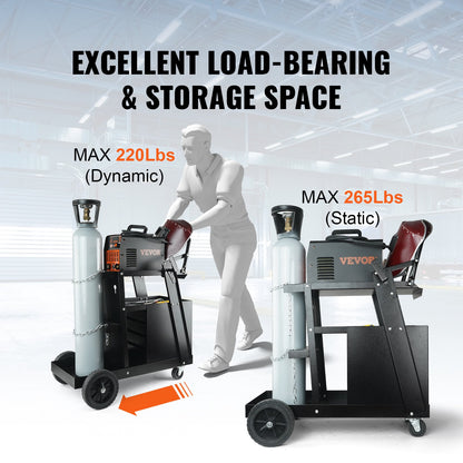 Welding Cart, 2-Tier 4 Drawers Welder Cart with 265 LBS Weight Capacity, Swivel Wheels, Tank Storage Safety Chains, Heavy Duty Rolling MIG Welder Cart for Mig Welder and Plasma Cutter