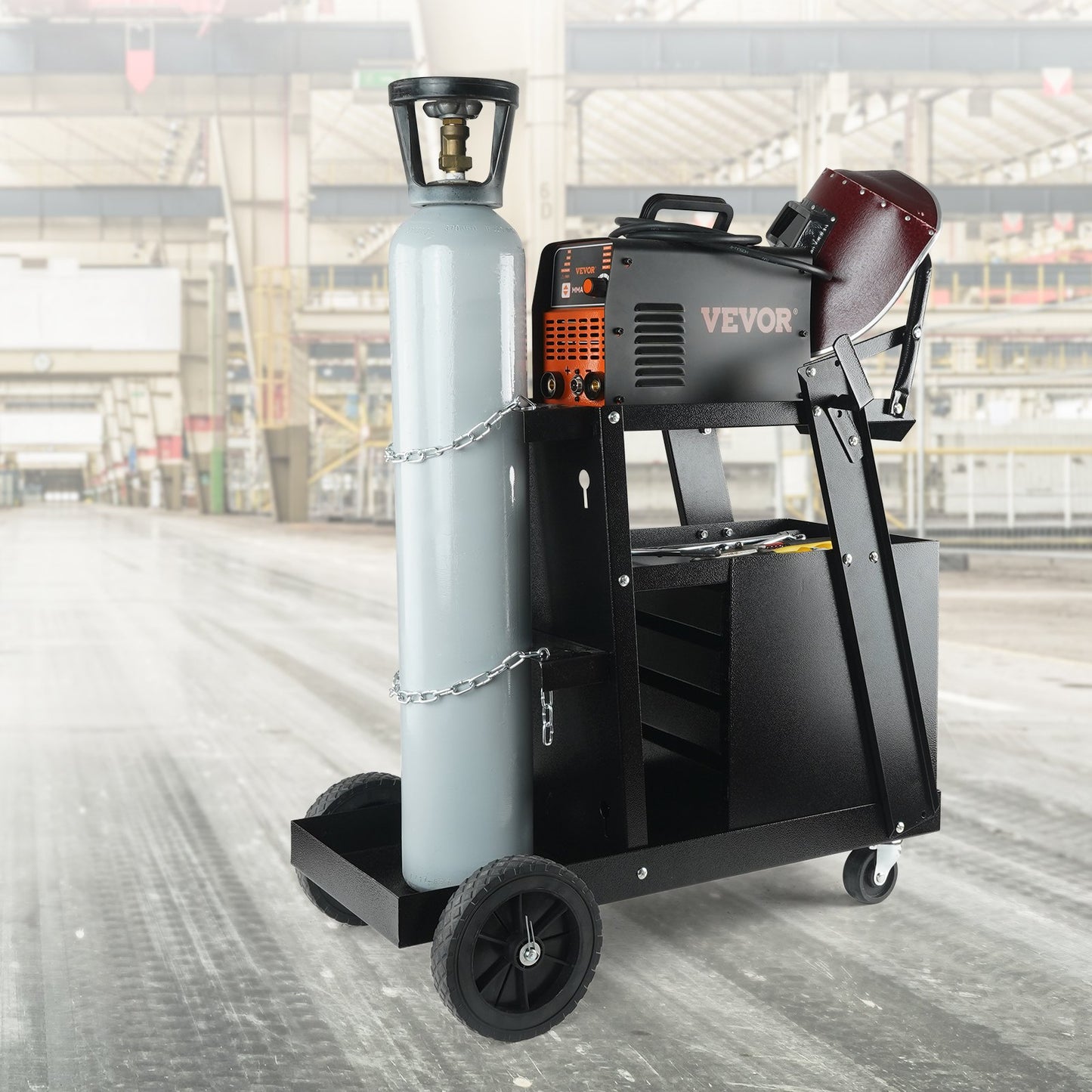 Welding Cart, 2-Tier 4 Drawers Welder Cart with 265 LBS Weight Capacity, Swivel Wheels, Tank Storage Safety Chains, Heavy Duty Rolling MIG Welder Cart for Mig Welder and Plasma Cutter