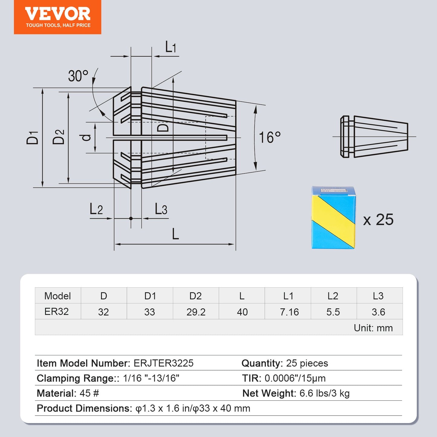 VEVOR 25 pcs ER32 Collet Set, 1/16''-13/16'', ER32 Spring Collet Chuck Set, 0.0006"/15 μm TIR Lathe Chuck Tool with 25 Labeled Storage Boxes, for CNC Engraving Machine Milling Lathe Tool Drill Press