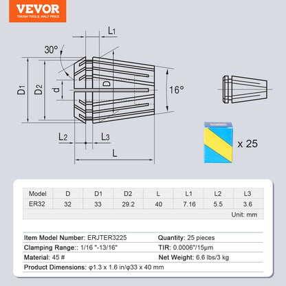 VEVOR 25 pcs ER32 Collet Set, 1/16''-13/16'', ER32 Spring Collet Chuck Set, 0.0006"/15 μm TIR Lathe Chuck Tool with 25 Labeled Storage Boxes, for CNC Engraving Machine Milling Lathe Tool Drill Press