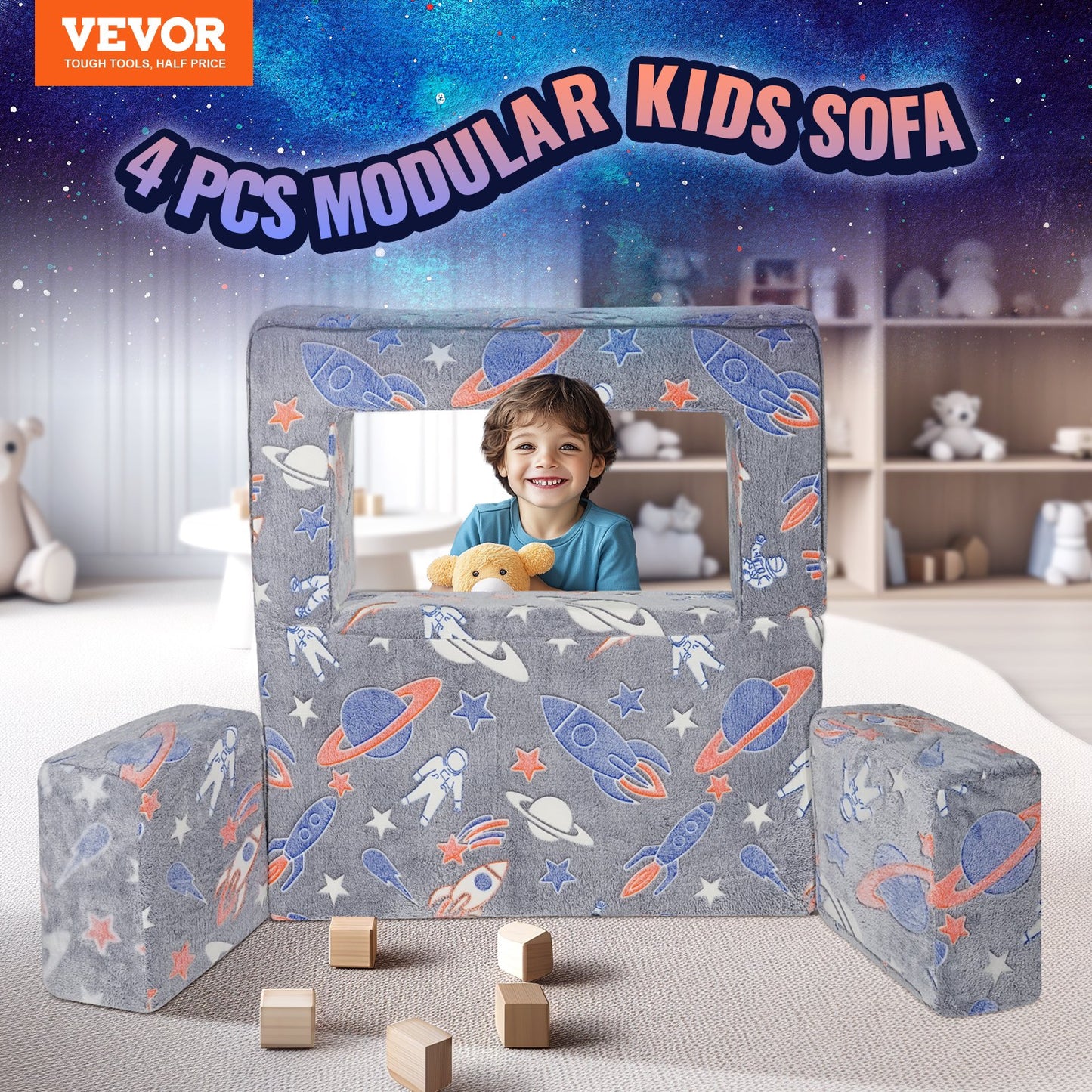 Modular Kids Play Couch 4Pcs DIY Glow in the Dark Toddler Chair Grey