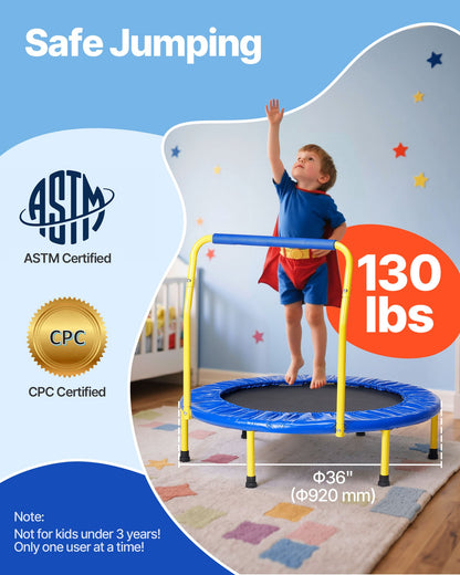 3FT Trampoline for Kids, 92 cm Trampolines Indoor/Outdoor Trampoline for Toddlers, Foldable Mini Baby Trampoline with Foam Handle, Recreational Trampoline Birthday Gift for 3+ Years Kids