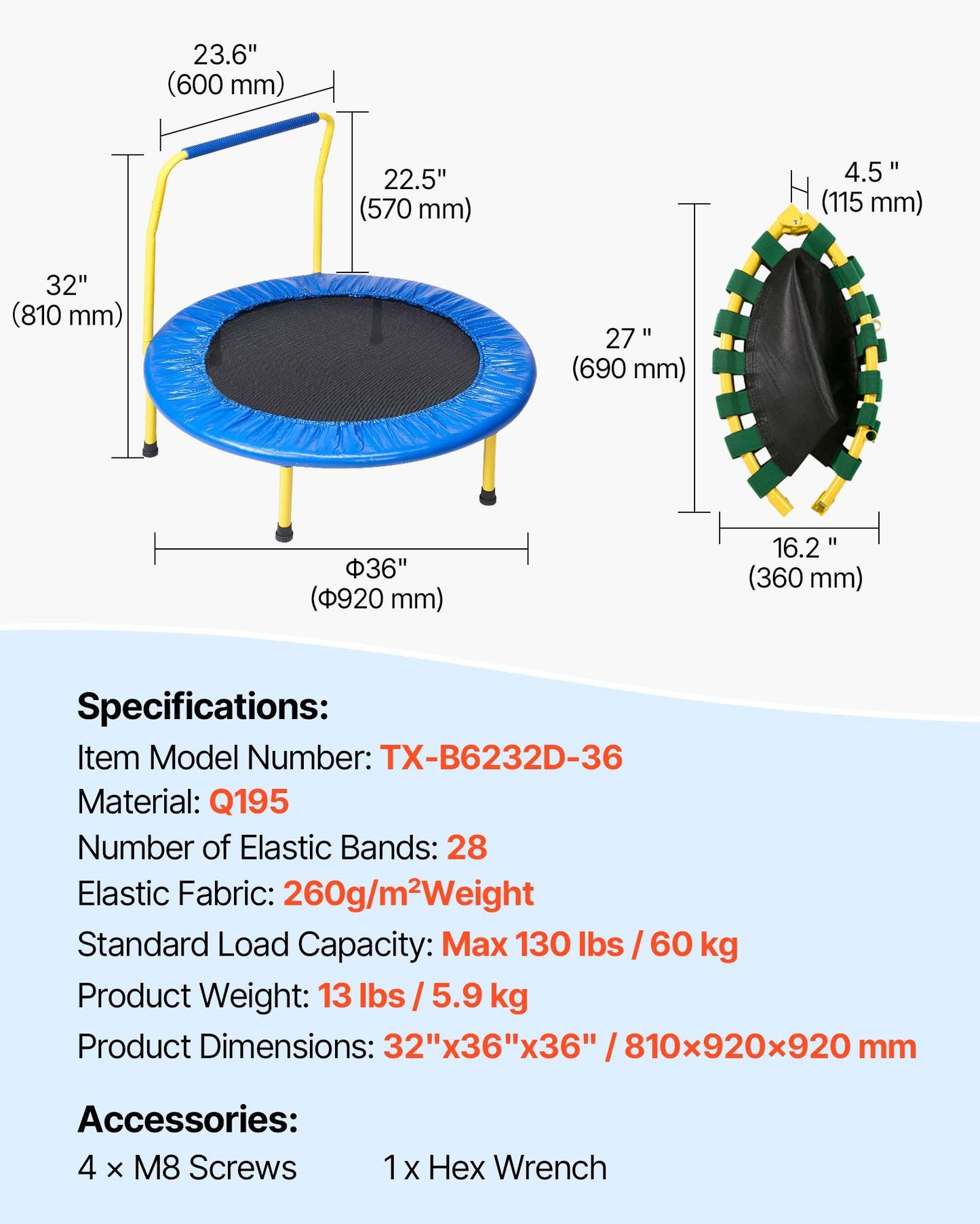 3FT Trampoline for Kids, 92 cm Trampolines Indoor/Outdoor Trampoline for Toddlers, Foldable Mini Baby Trampoline with Foam Handle, Recreational Trampoline Birthday Gift for 3+ Years Kids