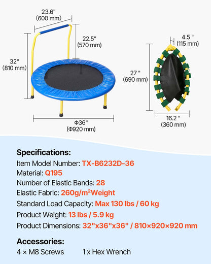 3FT Trampoline for Kids, 92 cm Trampolines Indoor/Outdoor Trampoline for Toddlers, Foldable Mini Baby Trampoline with Foam Handle, Recreational Trampoline Birthday Gift for 3+ Years Kids