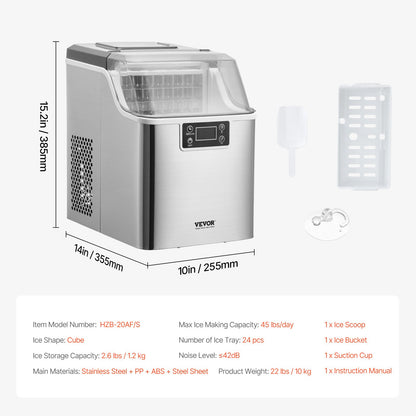 Portable Countertop Ice Maker 45Lbs/24H Self-Cleaning with Scoop Basket