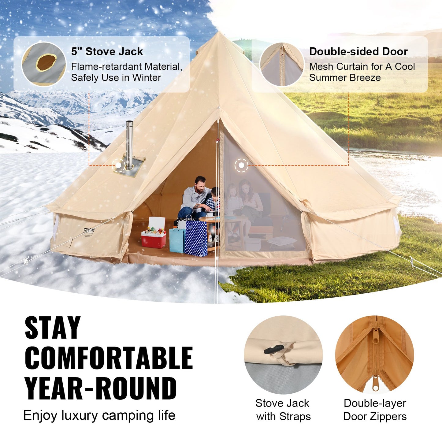 Canvas Bell Tent 4m/13.12ft 4-Season Camping Yurt Tent with Stove Jack