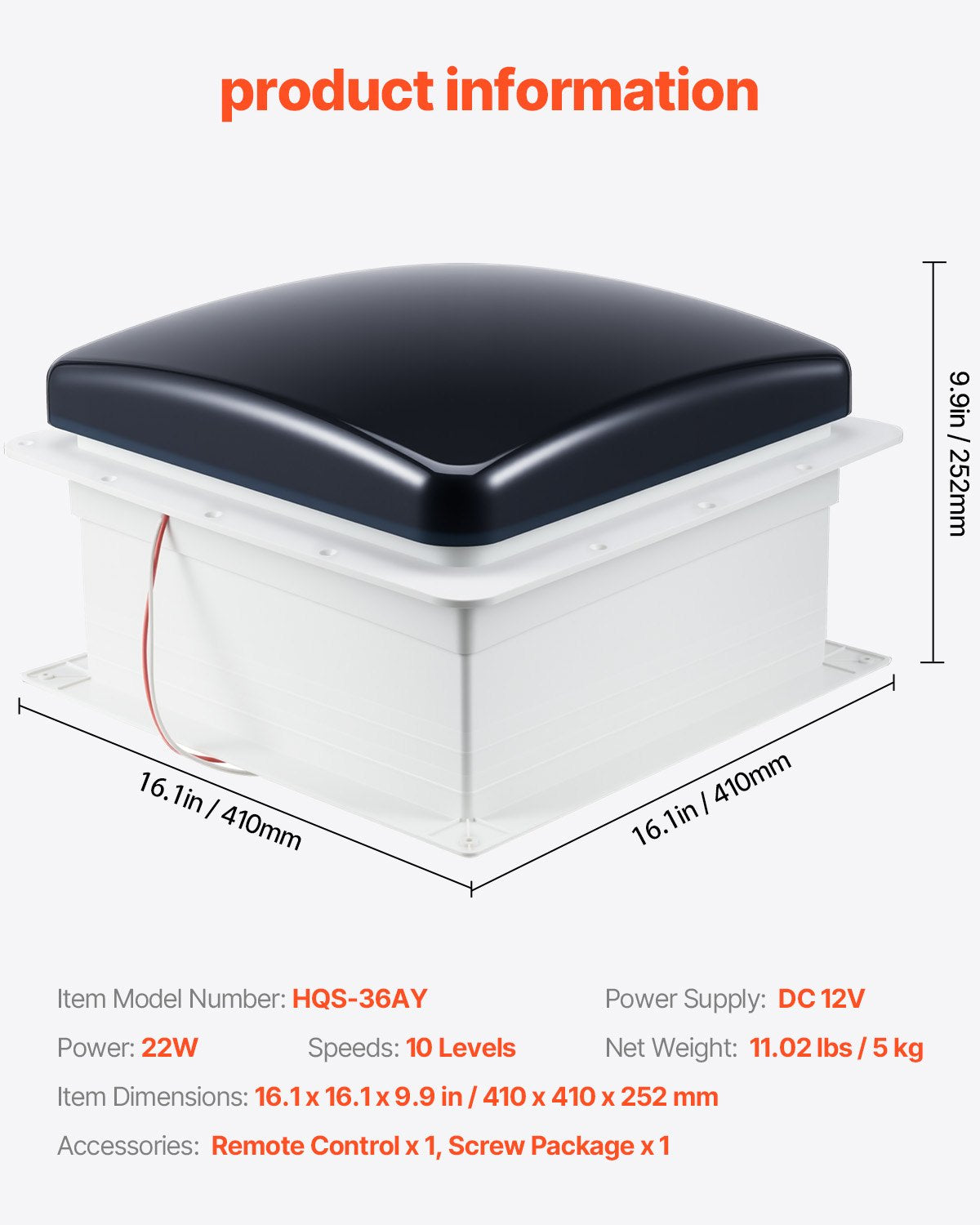 RV Vent Roof Fan 355.6 mm 10-Speed Reversible with Remote Control