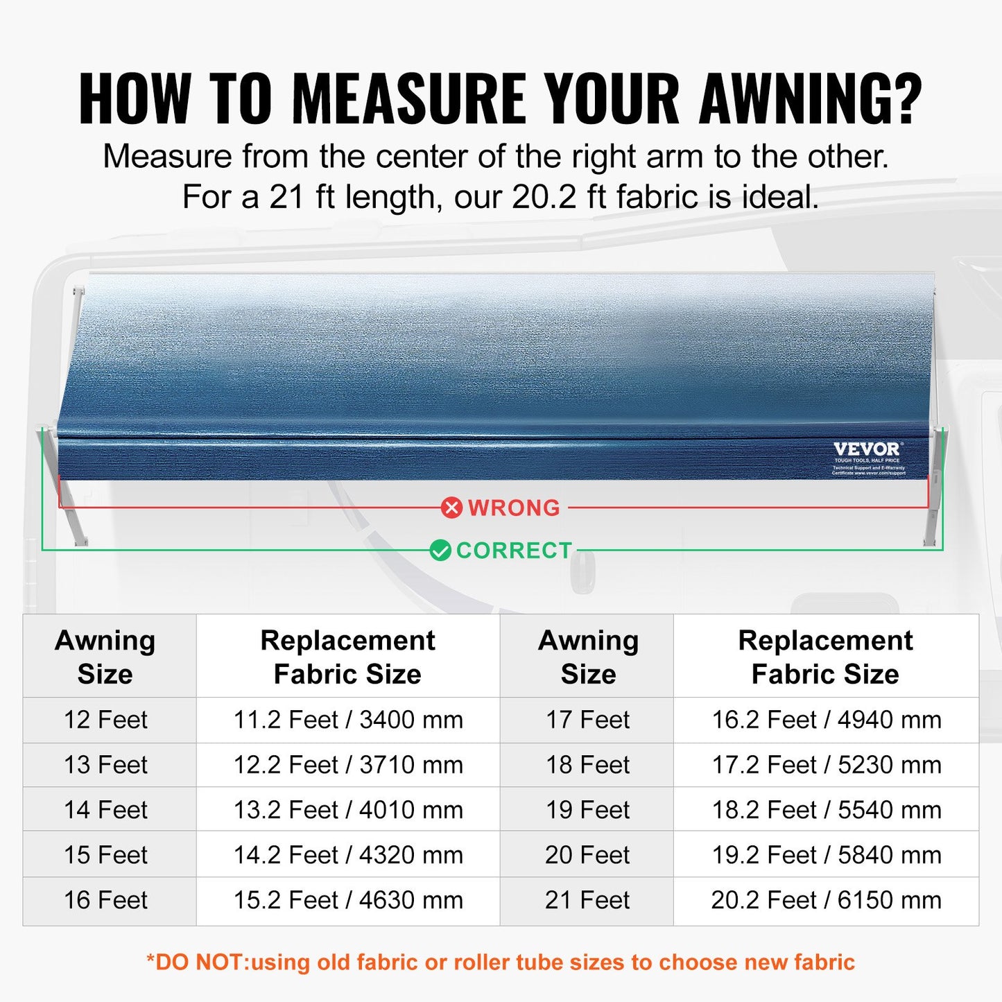 VEVOR RV Awning Fabric Replacement, 6.15m Fabric Length for 6.4m Awning, Heavy Duty 3-Ply 16oz PVC Camper Awning Fabric, Waterproof & UV Protection Outdoor Canopy for RV, Trailer, Motorhome, Blue Fade
