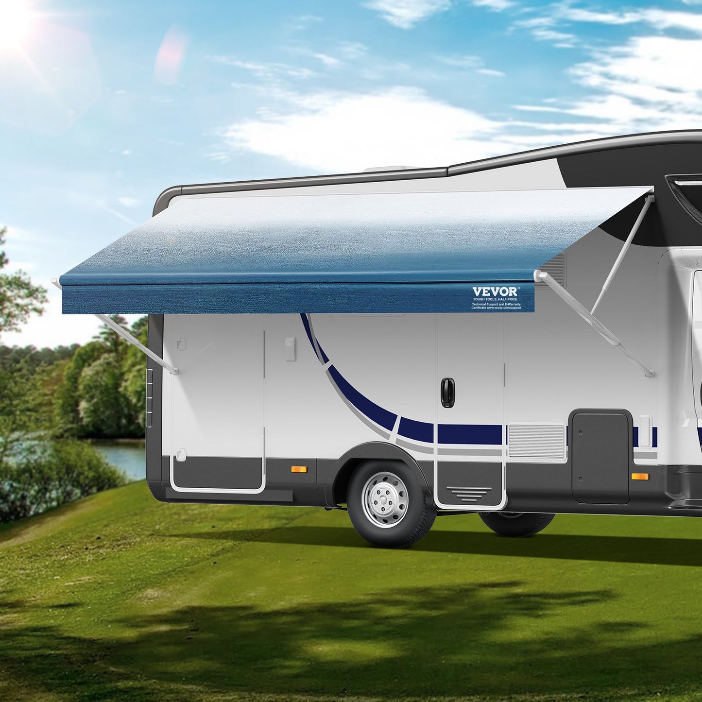 VEVOR RV Awning Fabric Replacement, 6.15m Fabric Length for 6.4m Awning, Heavy Duty 3-Ply 16oz PVC Camper Awning Fabric, Waterproof & UV Protection Outdoor Canopy for RV, Trailer, Motorhome, Blue Fade