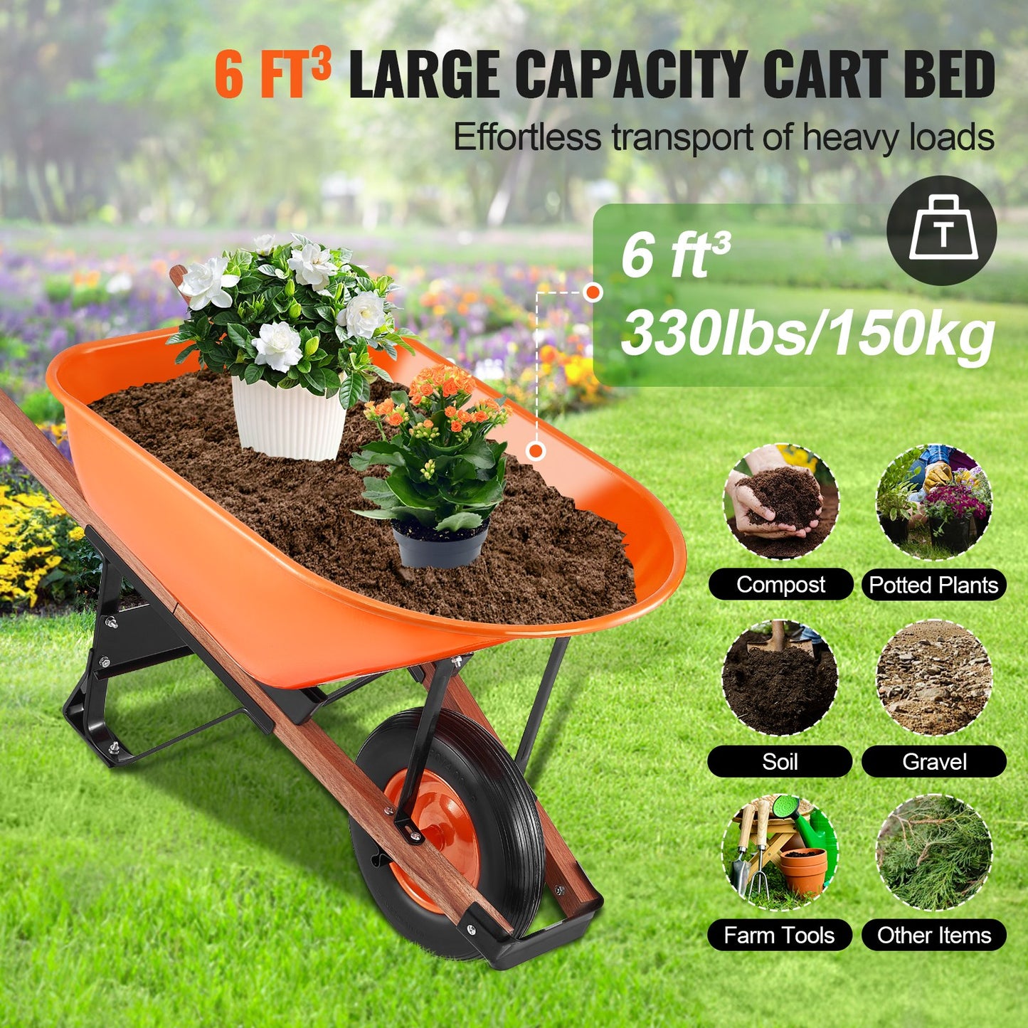 Wheelbarrow Cart One Wheel 6 Cu Ft Garden Dump Cart 330 lbs Utility Cart