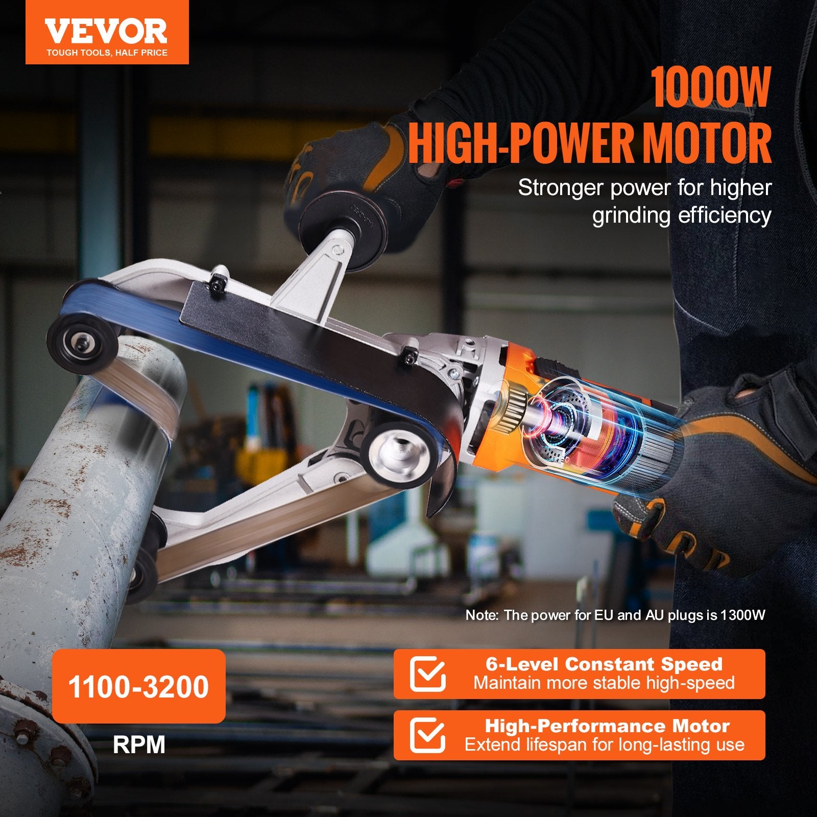 High-power motor tool being used on a metal pipe with VEVOR branding.