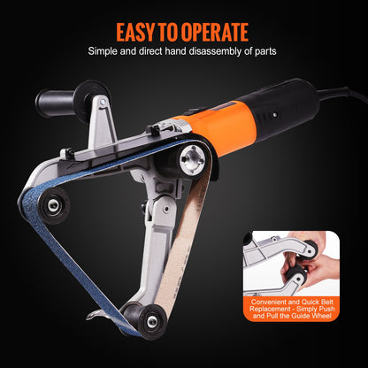 Handheld tool with orange and black design on a dark background