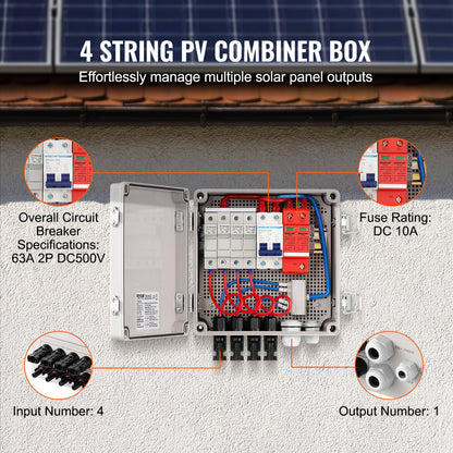 Solar PV Combiner Box 4 String 10A for Solar Panel System ABS Case IP65