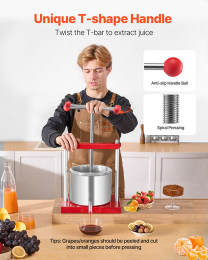 Fruit Wine Press Manual Press for Wine Making 1.6 Gal/6L Stainless Steel