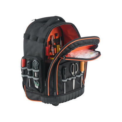 Black backpack with tools and equipment on a white background