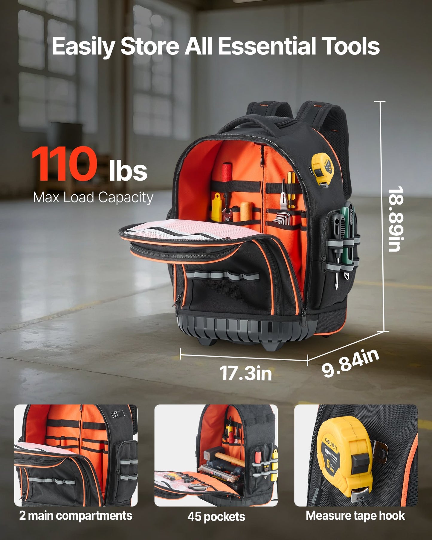 Tool backpack with open compartments and measurements on a concrete floor.