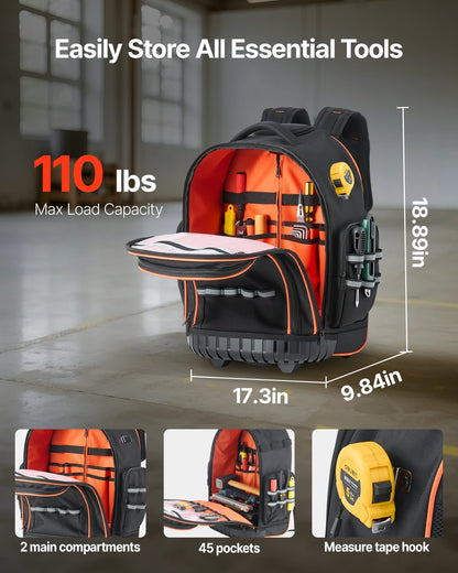 Tool backpack with open compartments and measurements on a concrete floor.