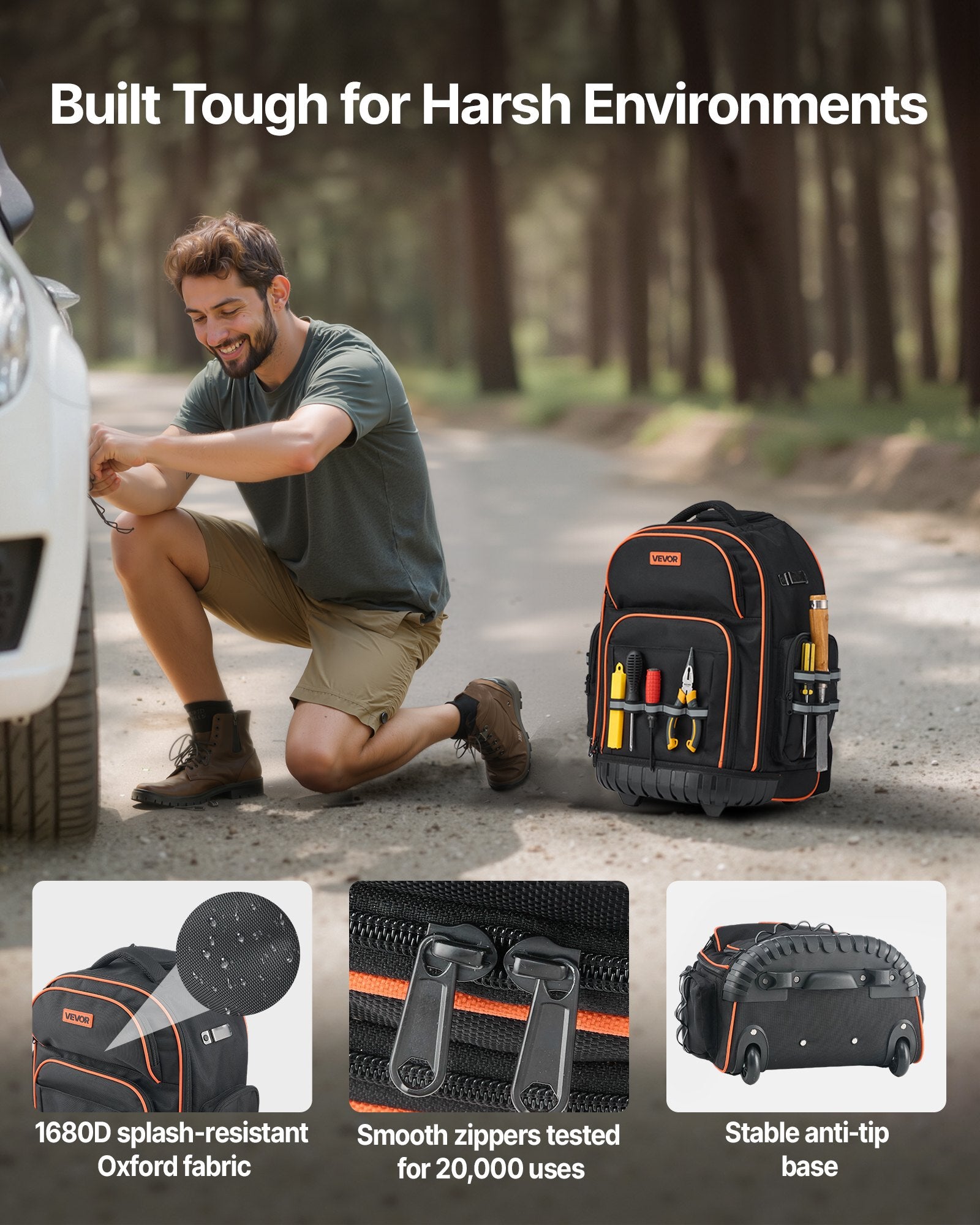 Man kneeling by a car with a tool backpack, surrounded by forest, emphasizing durability.