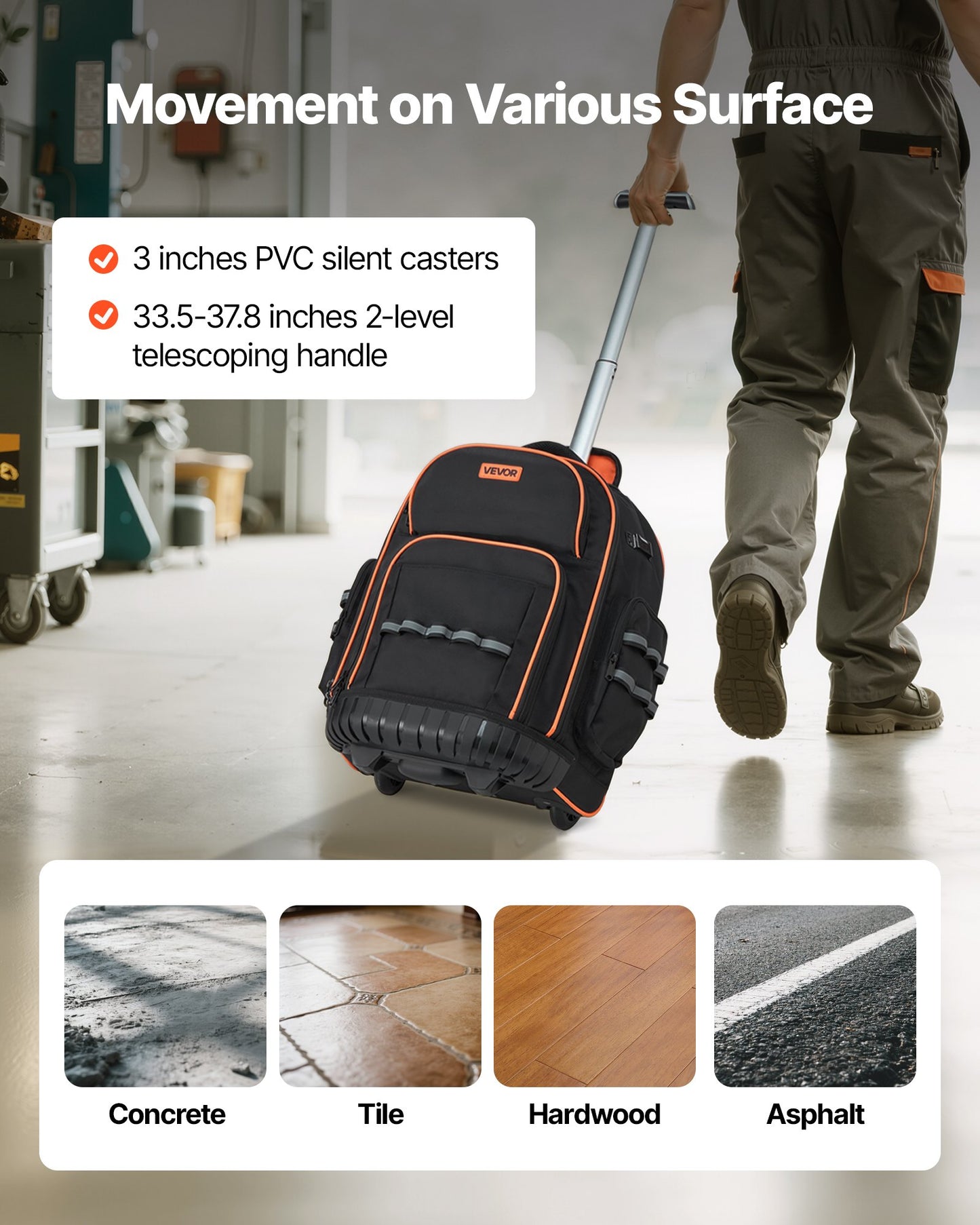 Person pushing a black rolling backpack with orange accents on a warehouse floor, highlighting features and surface compatibility.
