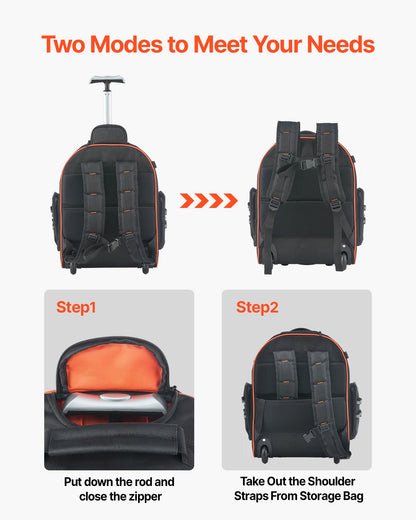 Backpack with rolling mechanism shown in two modes on a white background.