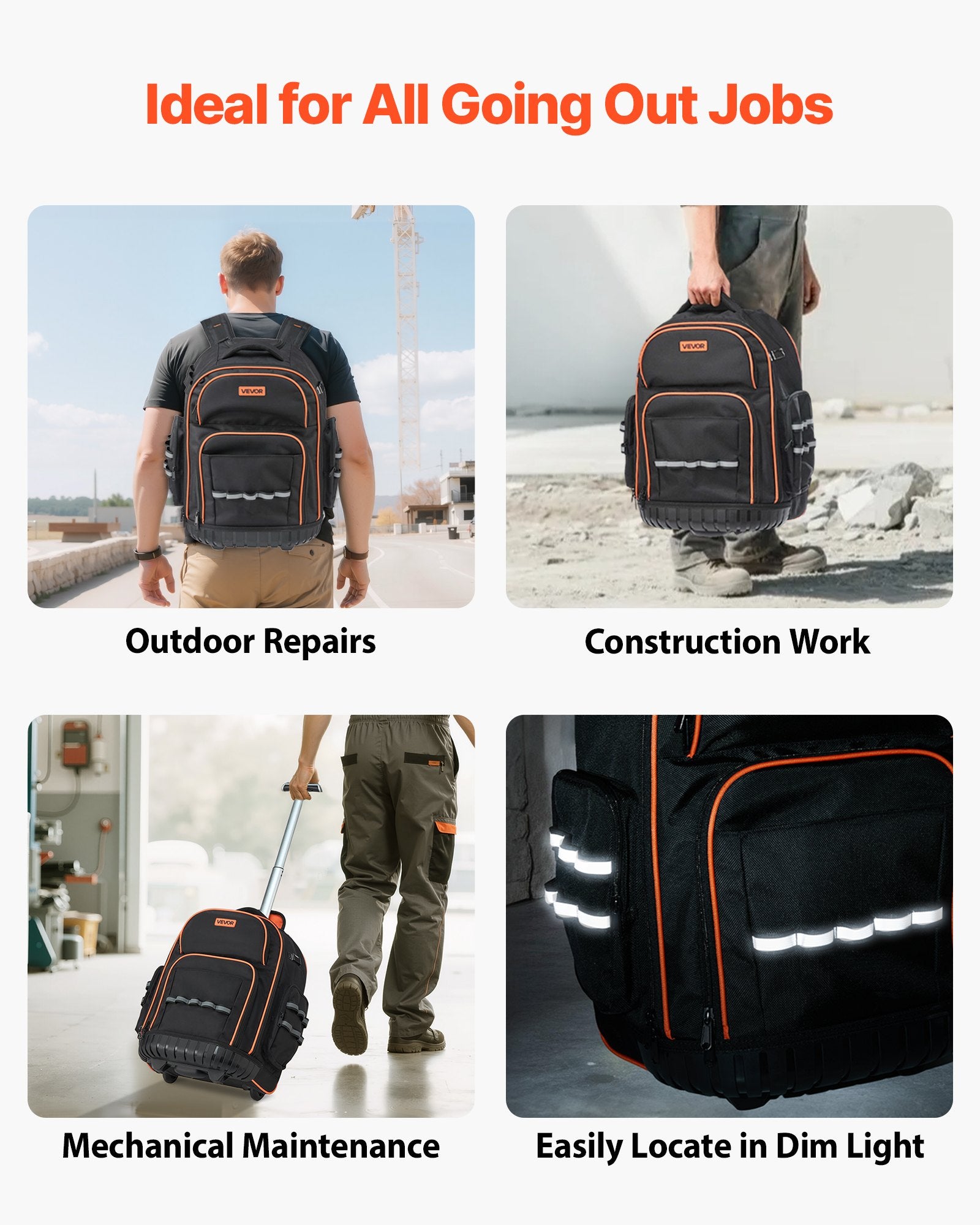 Black backpack with orange accents used for outdoor repairs, construction work, mechanical maintenance, and visibility in low light.