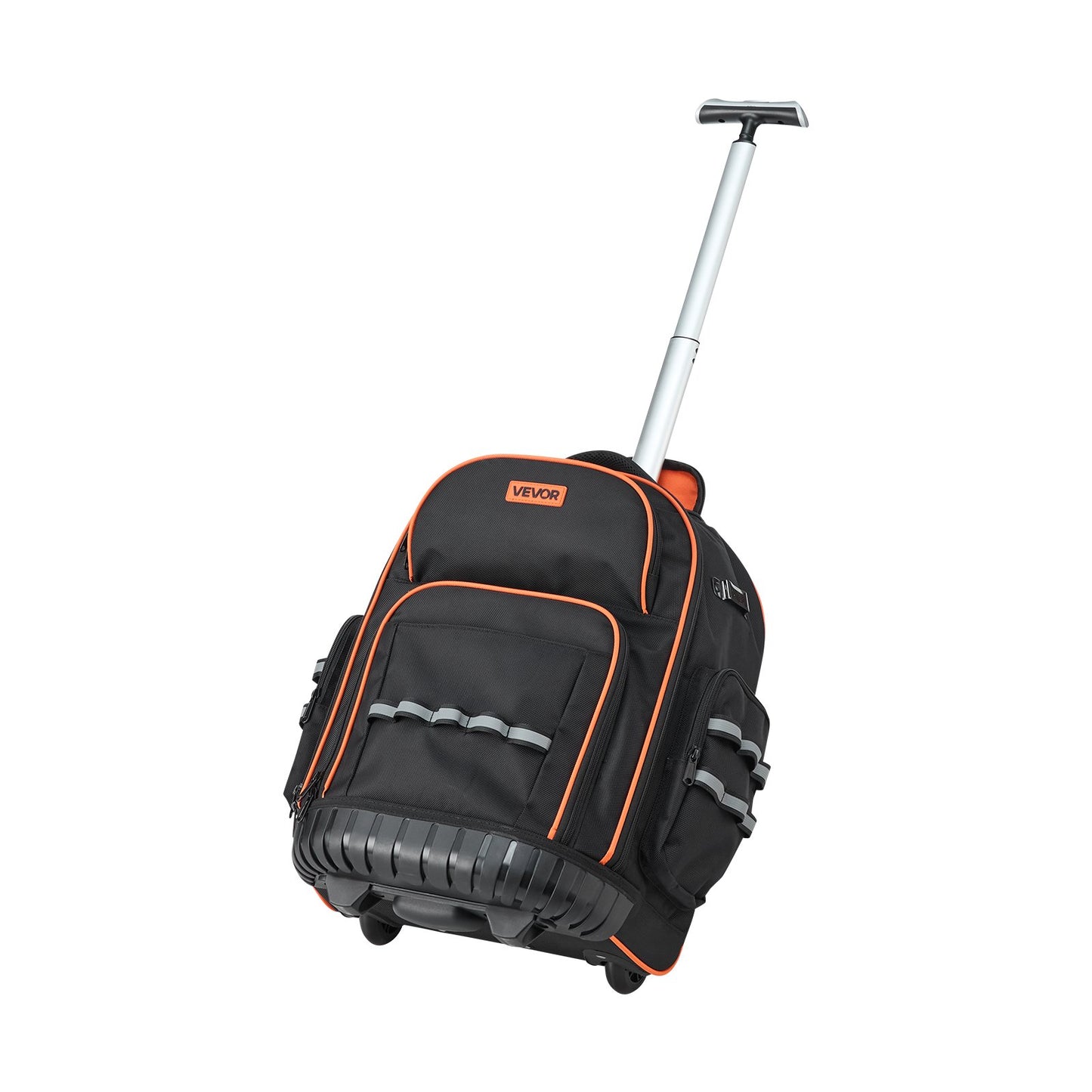 Black and orange rolling backpack with a visible brand logo on a white background
