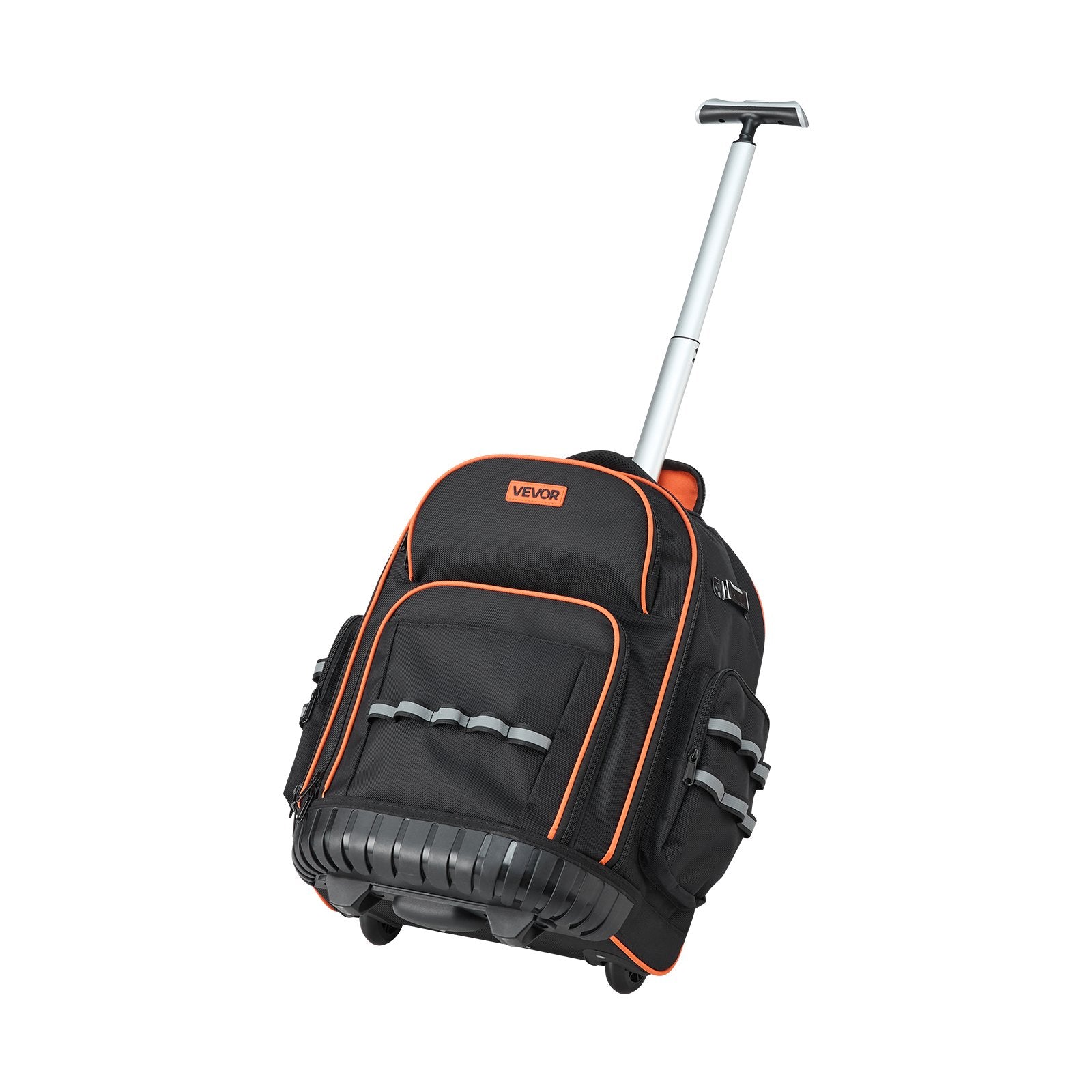 Black and orange rolling backpack with a visible brand logo on a white background