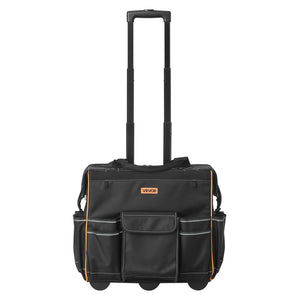Black rolling tool bag with orange accents on a white background