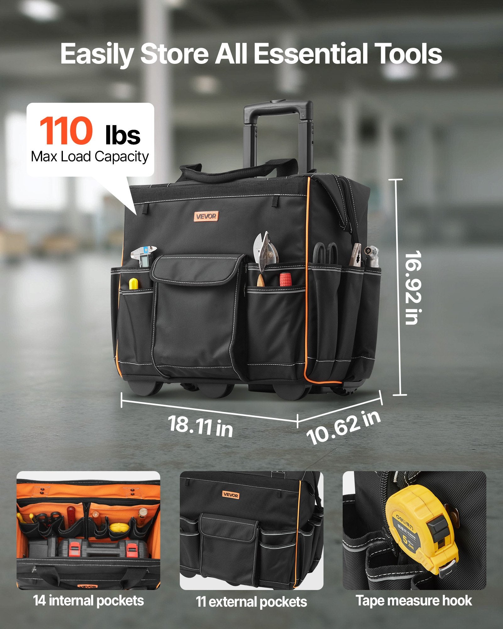 Tool bag with wheels and storage compartments, featuring a max load capacity of 110 lbs.