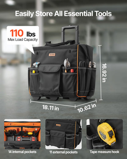 Tool bag with wheels and storage compartments, featuring a max load capacity of 110 lbs.
