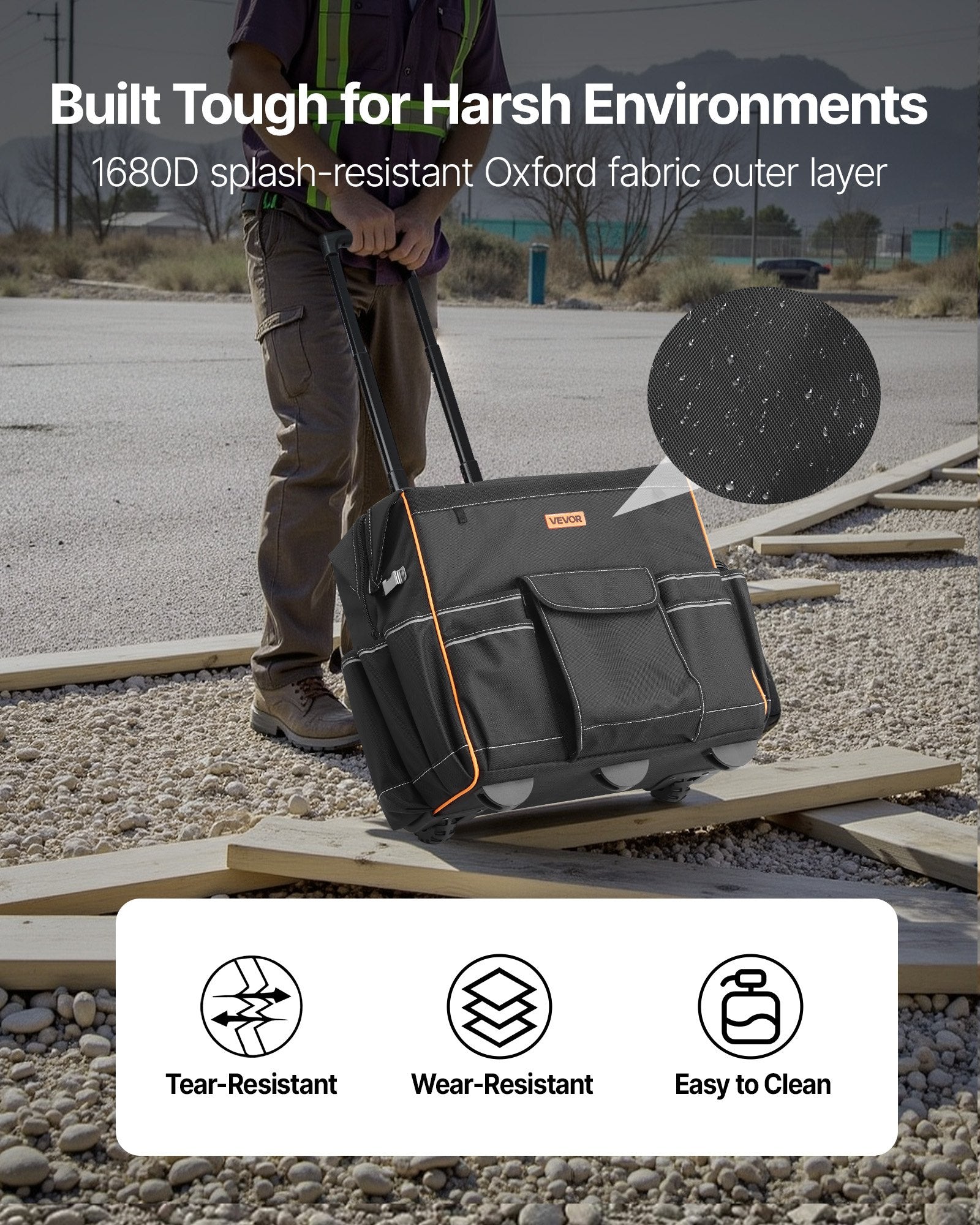 Person pulling a large black tool bag with text about its durability in harsh environments.