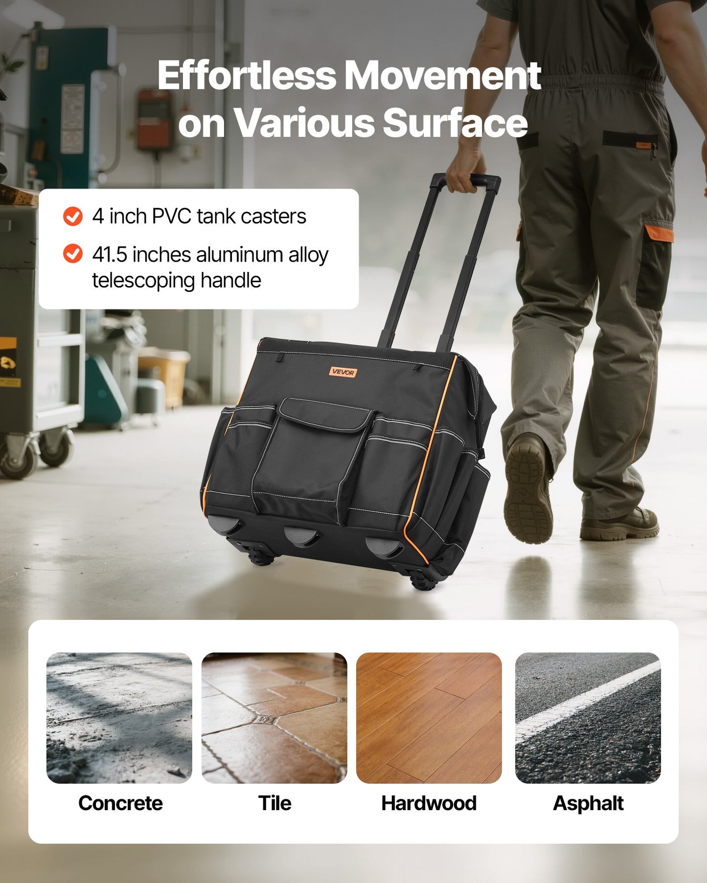 Person pushing a rolling tool bag with text about its features and versatility on different surfaces.