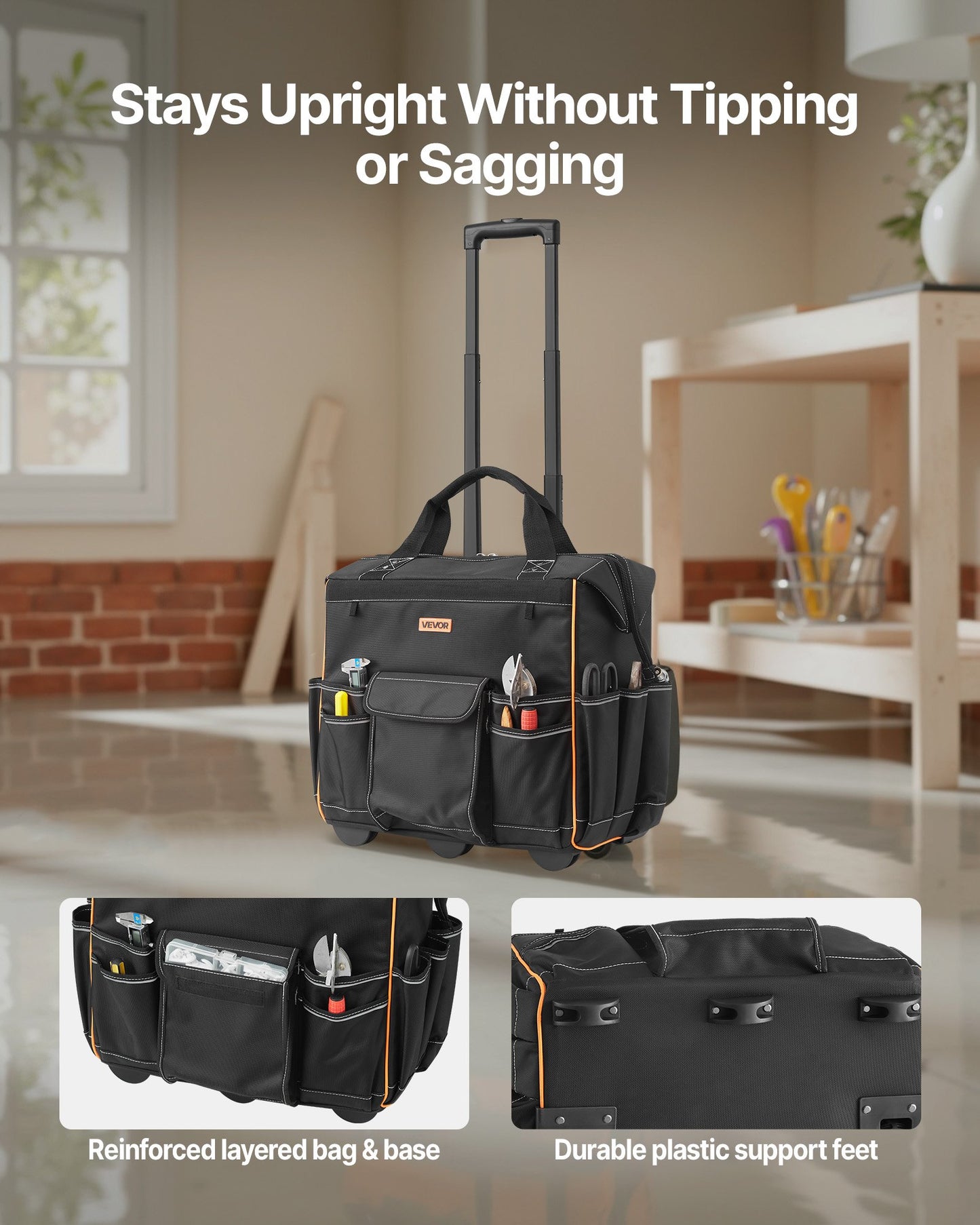 Black rolling tool bag with compartments and wheels in a home setting.