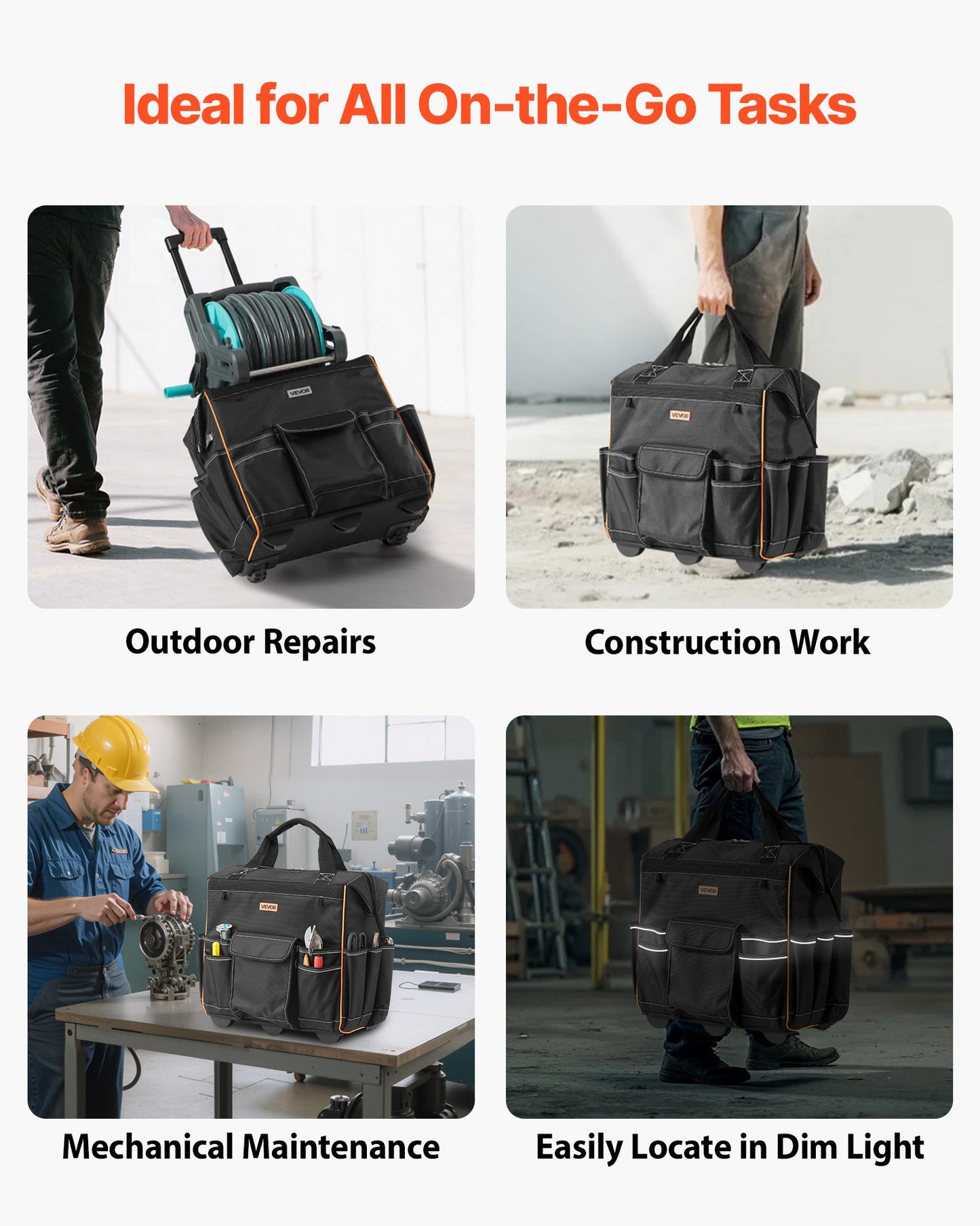 Black tool bag with various uses including outdoor repairs, construction work, mechanical maintenance, and easy location in dim light.