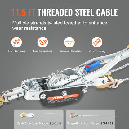 Come Along Winch, 5 Ton Max Pulling Capacity, 3.5 m Steel Cable, 3 Hooks, Heavy Duty Ratchet Power Puller Tool with Dual Gears, Automotive Hoist Cable Puller Ideal for Vehicle Rescue