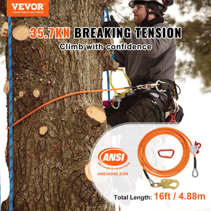 12.7mm Steel Core Flipline, 16ft(4.8m)Arborist Flipline for Tree Climbing with Alloy Steel Snap Hook & Aluminum Alloy Carabiner, 30KN Breaking Tension for Fall Protection, Tree Climber