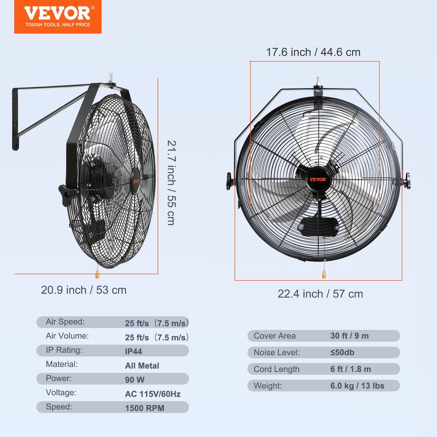 Industrial Wall Mount Fan Waterproof Metal Fan 17.6'' 3 Speed Airflow