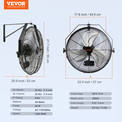 Industrial Wall Mount Fan Waterproof Metal Fan 17.6'' 3 Speed Airflow