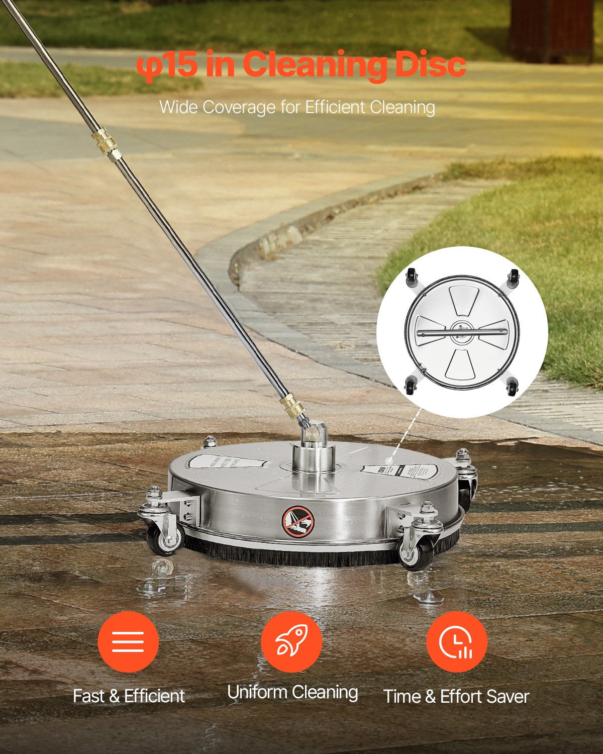 15" Pressure Washer Surface Cleaner 4 Wheels 4000 Max PSI 2 Extended Wands