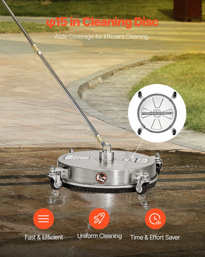 15" Pressure Washer Surface Cleaner 4 Wheels 4000 Max PSI 2 Extended Wands