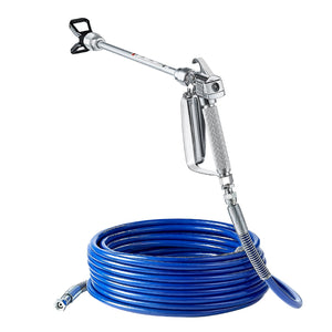 Spray gun with coiled blue hose on a white background