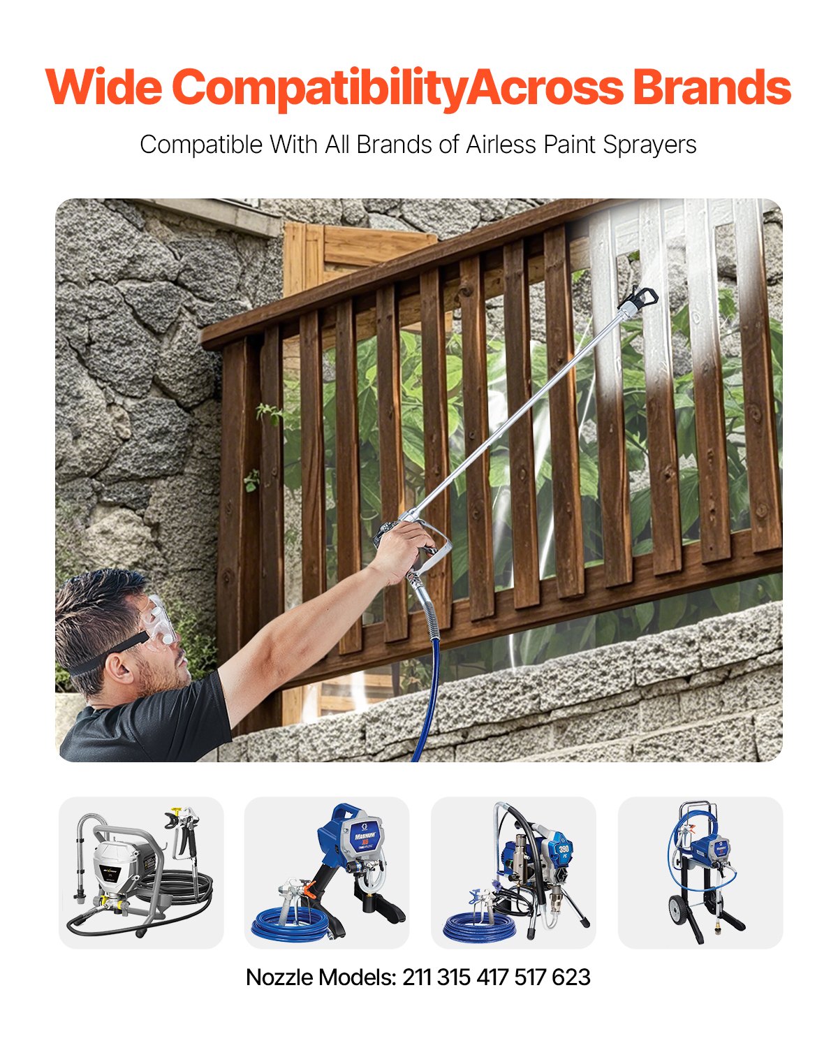 Person using a paint sprayer to paint a wooden railing with text about compatibility across brands.
