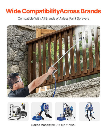Person using a paint sprayer to paint a wooden railing with text about compatibility across brands.