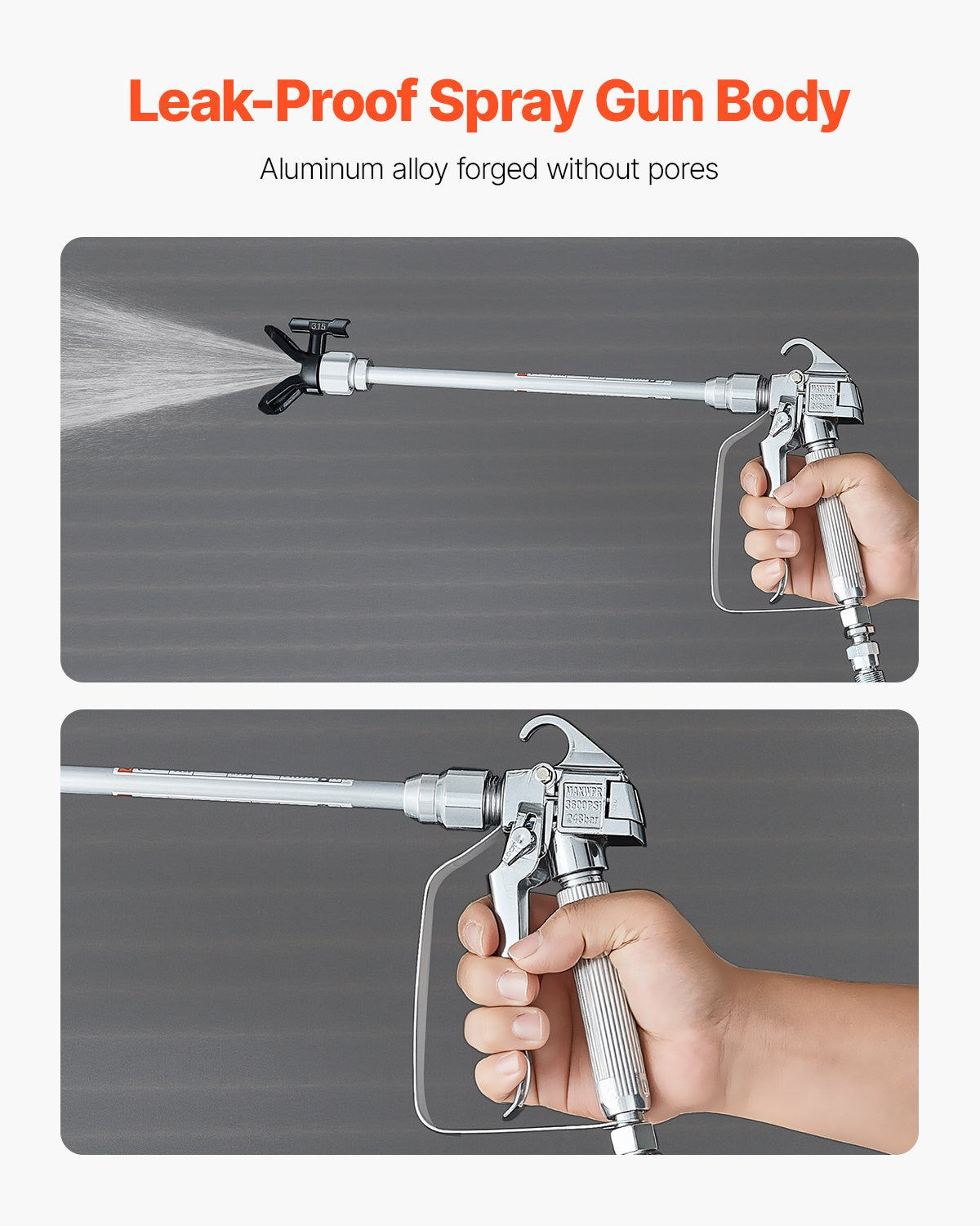 Leak-proof spray gun body with aluminum alloy construction, shown in use.