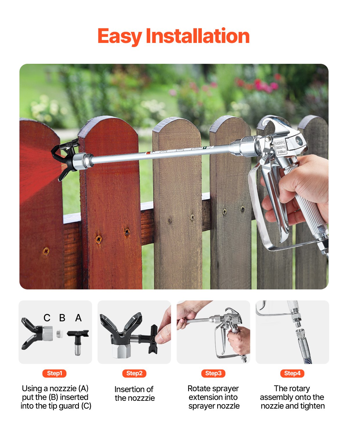 Handheld sprayer being used on a wooden fence with installation steps displayed.